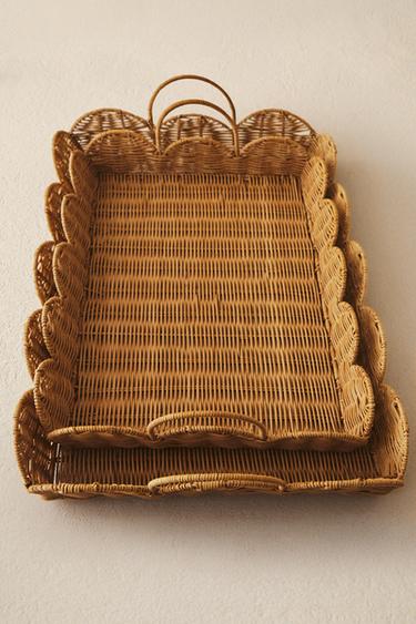 SCALLOPED RATTAN TRAY - Light beige by Zara