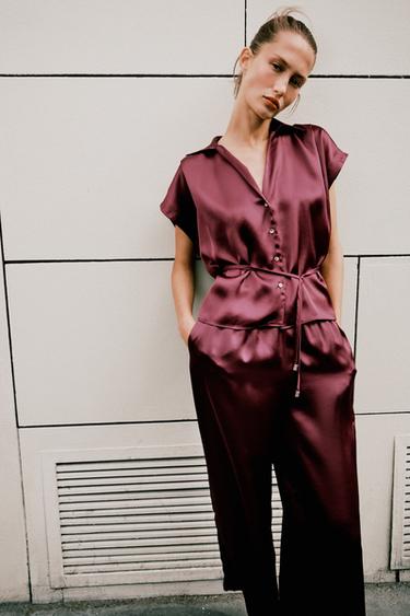 SATIN SHIRT WITH BELT - Burgundy by Zara