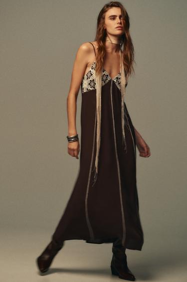 EMBROIDERED STRAPPY MIDI DRESS - Chocolate by Zara