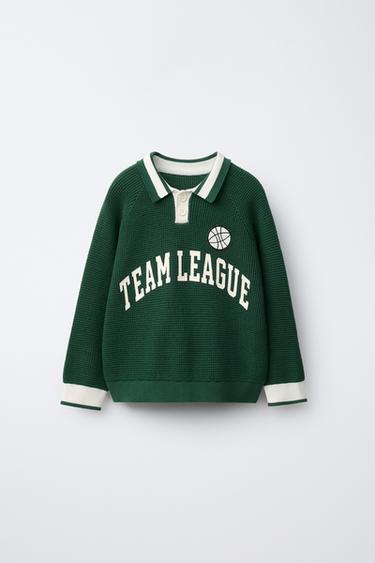 WAFFLE-KNIT POLO SHIRT WITH TEXT - Mid-green by Zara - Image 0