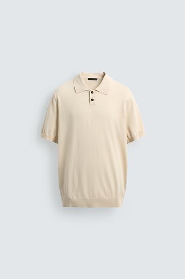 REGULAR FIT COTTON/LINEN KNIT POLO SHIRT - Ecru by Zara