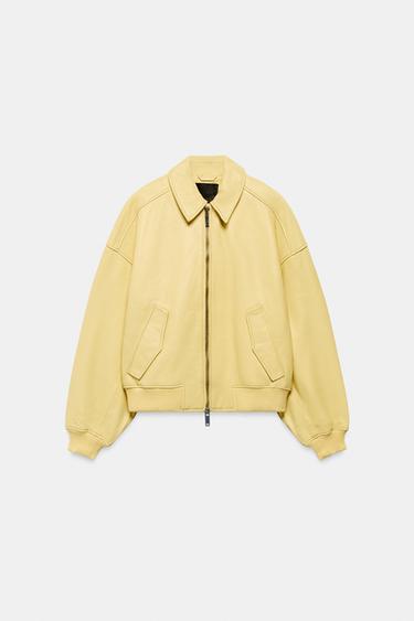 100% LEATHER BOMBER JACKET - Grapefruit yellow by Zara