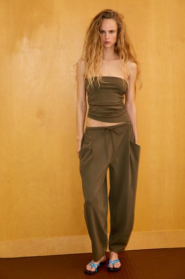 DRAPED TEXTURED BANDEAU TOP - Khaki by Zara