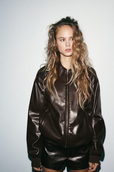 FAUX LEATHER BOMBER JACKET - Chocolate by Zara
