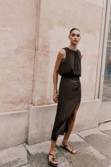 GATHERED WAIST MIDI DRESS - Brown by Zara