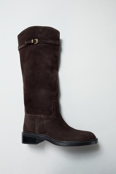 FLAT SPLIT SUEDE RIDING BOOTS - Brown by Zara