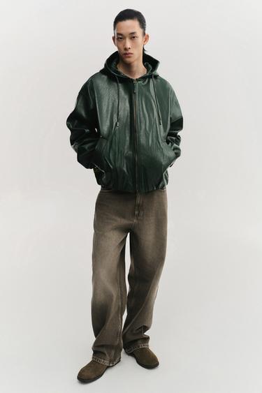HOODED LEATHER EFFECT JACKET - Green by Zara