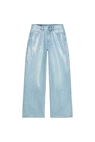 Z1975 STRAIGHT MID-WAIST SEQUIN JEANS - Mid-blue by Zara