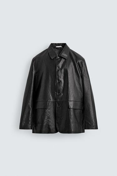 RELAXED FIT FAUX LEATHER OVERSHIRT - Black by Zara