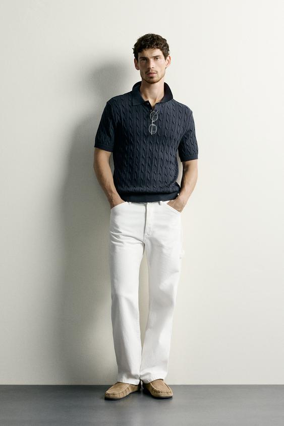 CABLE KNIT POLO SHIRT - Navy blue by Zara - Image 0