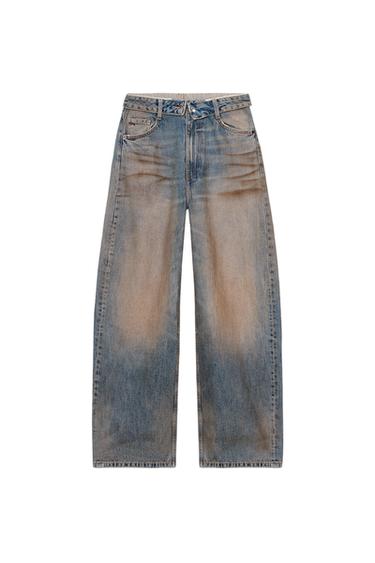 TRF FOLDED WAIST MID-WAIST JEANS - Blue / Grey by Zara