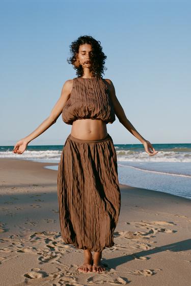 WRINKLED-EFFECT BALLOON MIDI SKIRT - Brown by Zara
