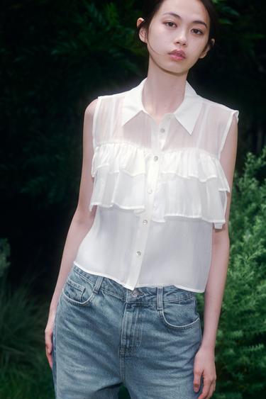 SEMI-SHEER TOP WITH RUFFLES - White by Zara