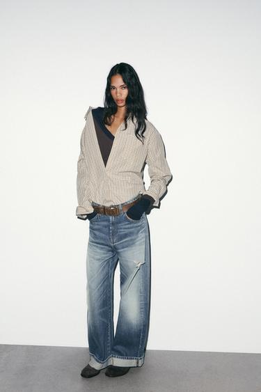 REGULAR FIT CHECK SHIRT - Ecru / Brown by Zara