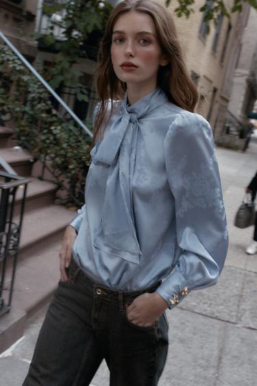SATIN-FINISH JACQUARD SHIRT WITH BOW - Light blue by Zara