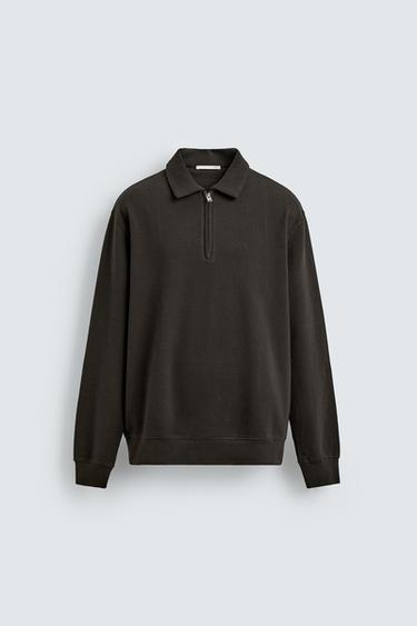 QUARTER-ZIP POLO SWEATSHIRT - Chocolate brown by Zara