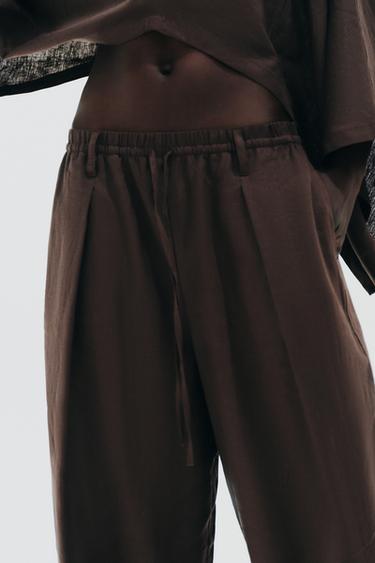 LINEN BLEND TROUSERS - Brown by Zara