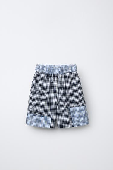PRINTED GINGHAM PATCHWORK BERMUDA SHORTS - Blue by Zara