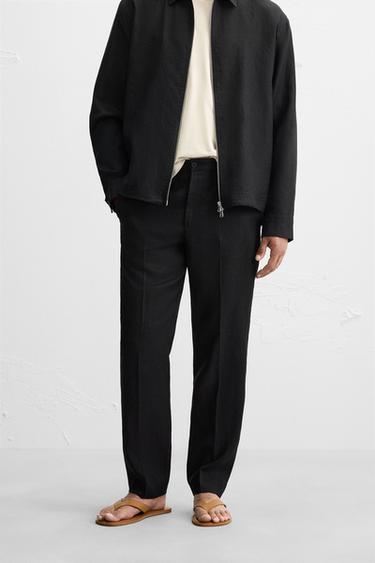 REGULAR FIT 100% LINEN TROUSERS - Black by Zara