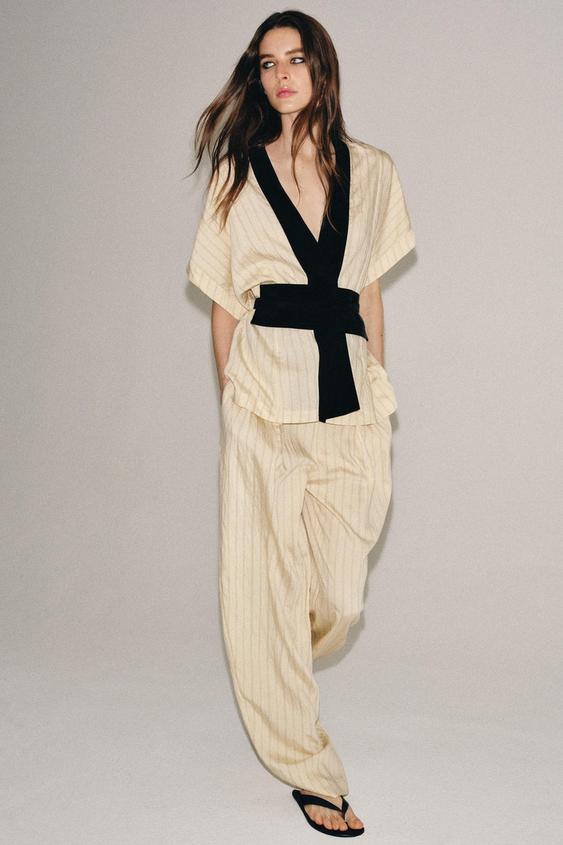ZW COLLECTION STRIPED SASH BELT TROUSERS - striped by Zara - Image 0