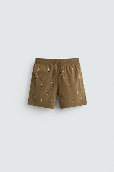 EMBROIDERED MID-LENGTH SWIMMING TRUNKS - Brown by Zara