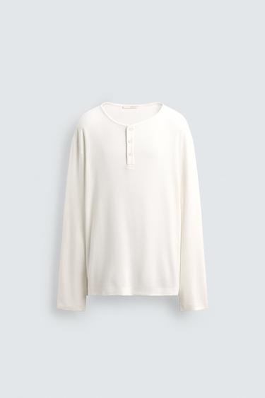 WAFFLE-KNIT GRANDAD COLLAR T-SHIRT - Oyster-white by Zara