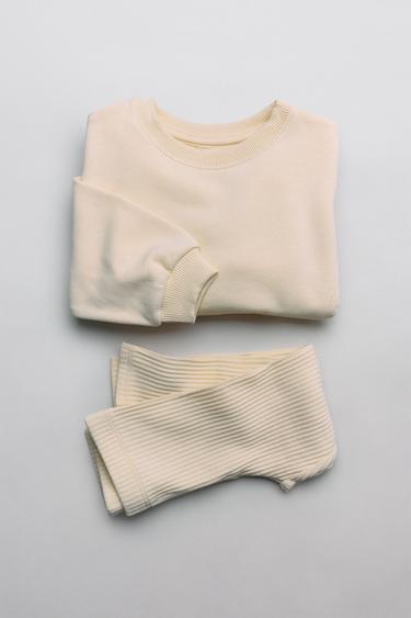 RIBBED LEGGINGS AND BOW SWEATSHIRT JOGGING SET - Ecru/Yellow by Zara