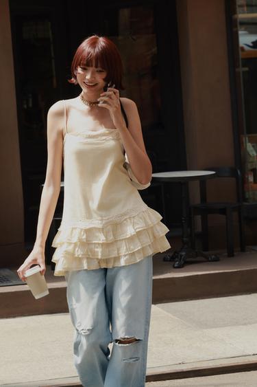 EMBROIDERED RUFFLED MINI DRESS - Light yellow by Zara