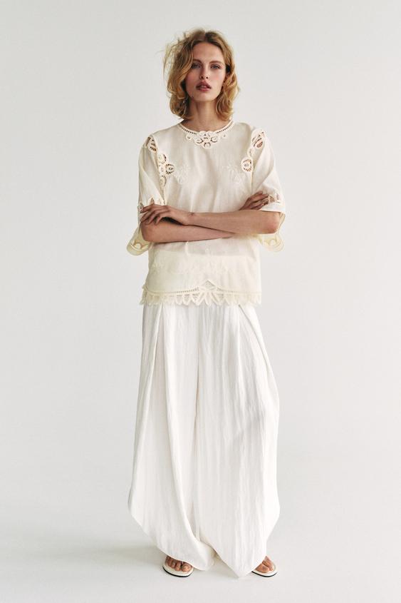 ZW COLLECTION EMBROIDERED LINEN BLEND BLOUSE - Ecru by Zara - Image 0