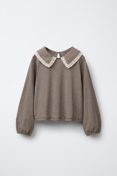 STRIPED T-SHIRT WITH PETER PAN COLLAR AND LACE TRIM - striped by Zara