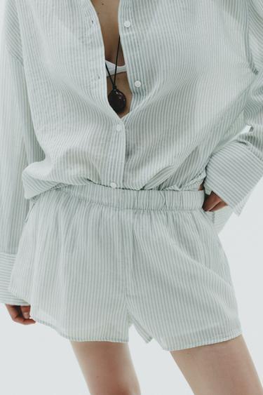 STRIPED GAUZE PYJAMA SHORTS - White / Green by Zara