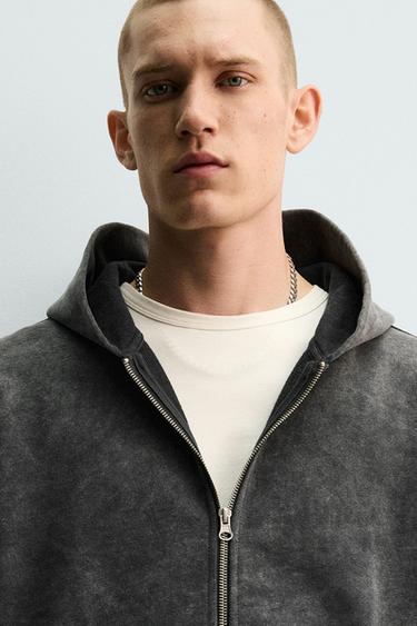 WASHED ZIP-UP HOODIE - Dark anthracite by Zara