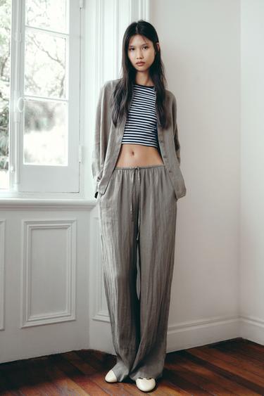 ZW COLLECTION 100% LINEN PALAZZO TROUSERS - Light grey by Zara