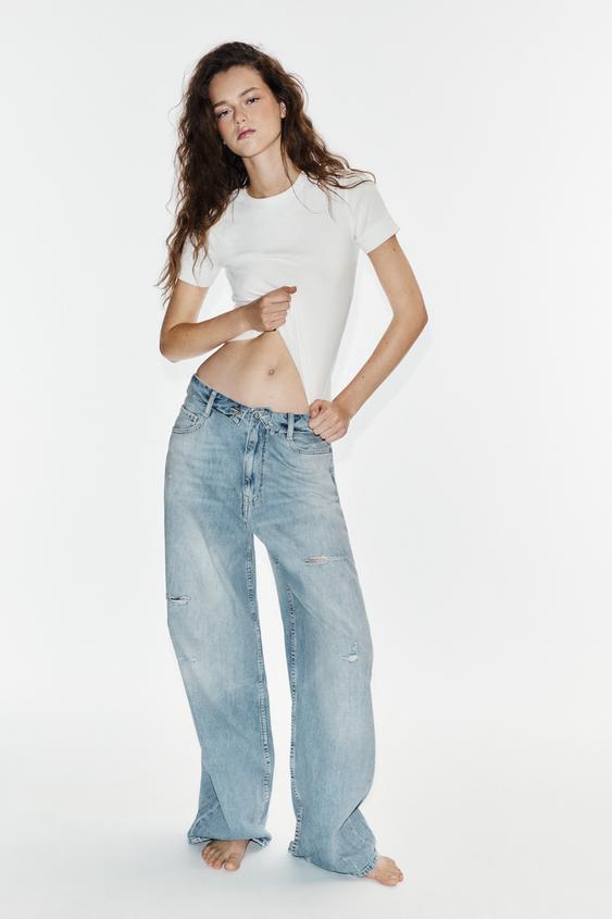 TRF RIPPED FOLDED WAIST MID-WAIST JEANS - Light blue by Zara - Image 0