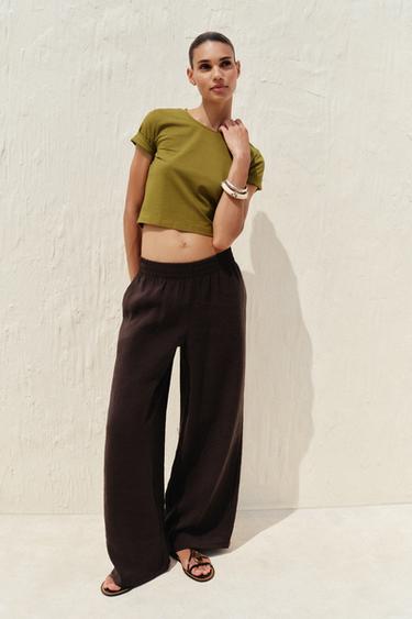 CROPPED STRETCH T-SHIRT - Olive green by Zara