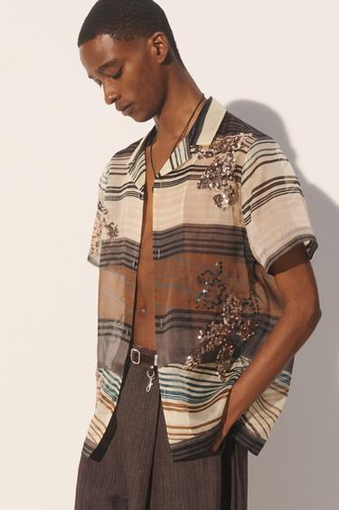 100% SILK ORGANZA SHIRT WITH SEQUINS - Green / Blue by Zara