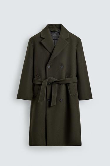 DOUBLE-BREASTED WOOL COAT WITH BELT - Dark khaki by Zara