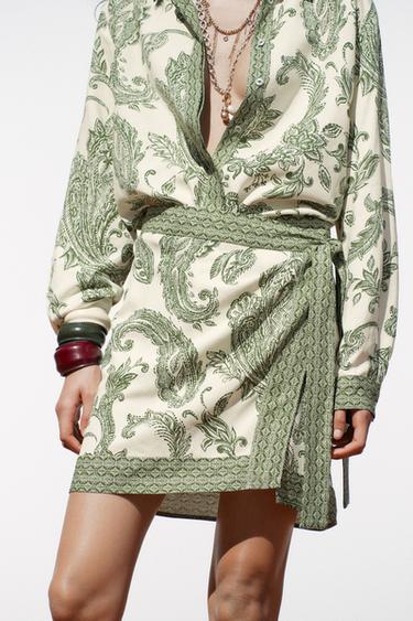 PRINTED WRAP SKIRT - Ecru / Green by Zara