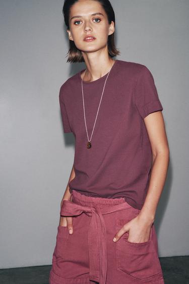 SHORT SLEEVE RUSTIC COTTON T-SHIRT - Burgundy by Zara