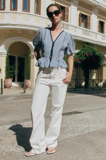 GINGHAM PEPLUM BLOUSE - Navy / White by Zara