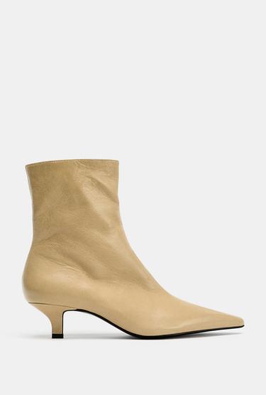 LEATHER HEELED ANKLE BOOTS - Beige by Zara