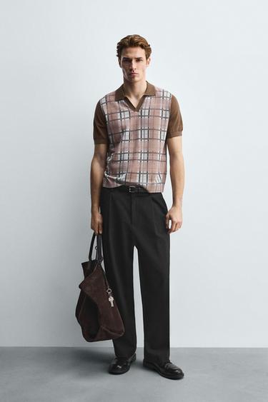 CHECK PRINT KNIT POLO SHIRT - Dark beige by Zara - Image 0