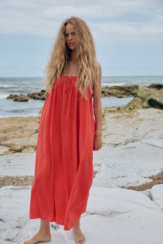 FLOWING MIDI DRESS WITH TIE - Red / Coral by Zara - Image 0