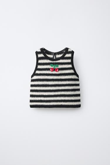 CROCHET KNIT STRIPED TOP WITH CHERRY EMBROIDERY - Ecru / Black by Zara