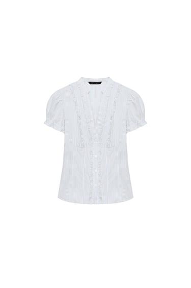 POPLIN SHIRT WITH RUFFLES - Sand / Blue by Zara