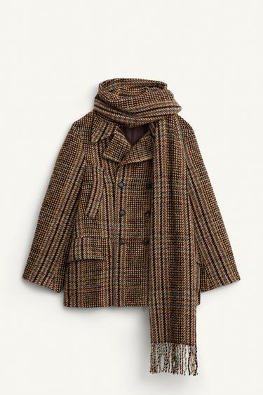 LIMITED EDITION CROPPED CHECK COAT WITH SCARF - Brown by Zara