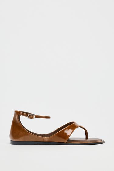 LEATHER TOE POST SANDALS - Brown by Zara