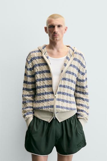 HOODED CABLE-KNIT TEXTURED CARDIGAN - Beige by Zara