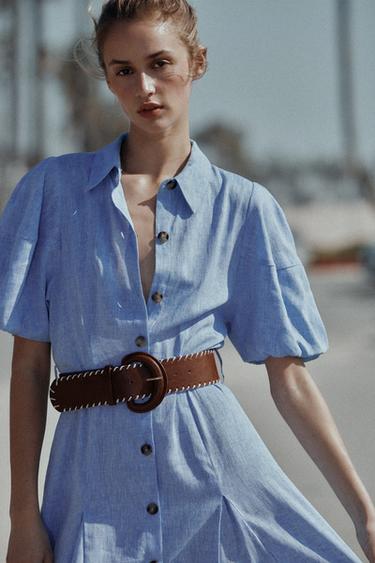 MIDI LINEN BLEND DRESS WITH BELT - Blue by Zara