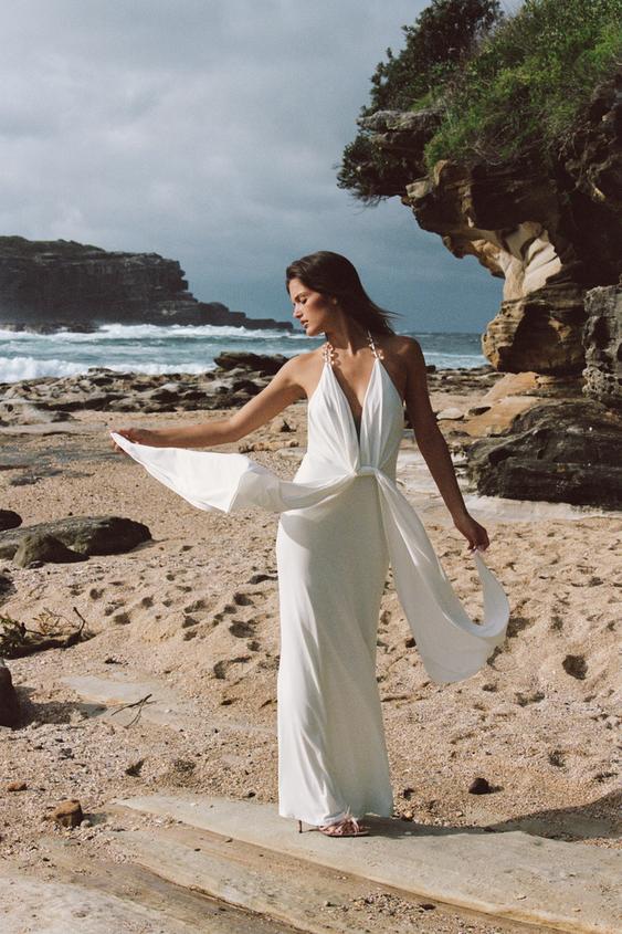 LONG HALTER DRESS WITH BEADS - White by Zara - Image 0